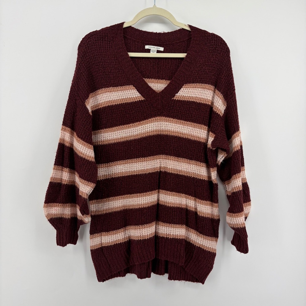 American Eagle Striped Sweater Burgundy Women XS Oversized V-Neck Boucle Knit